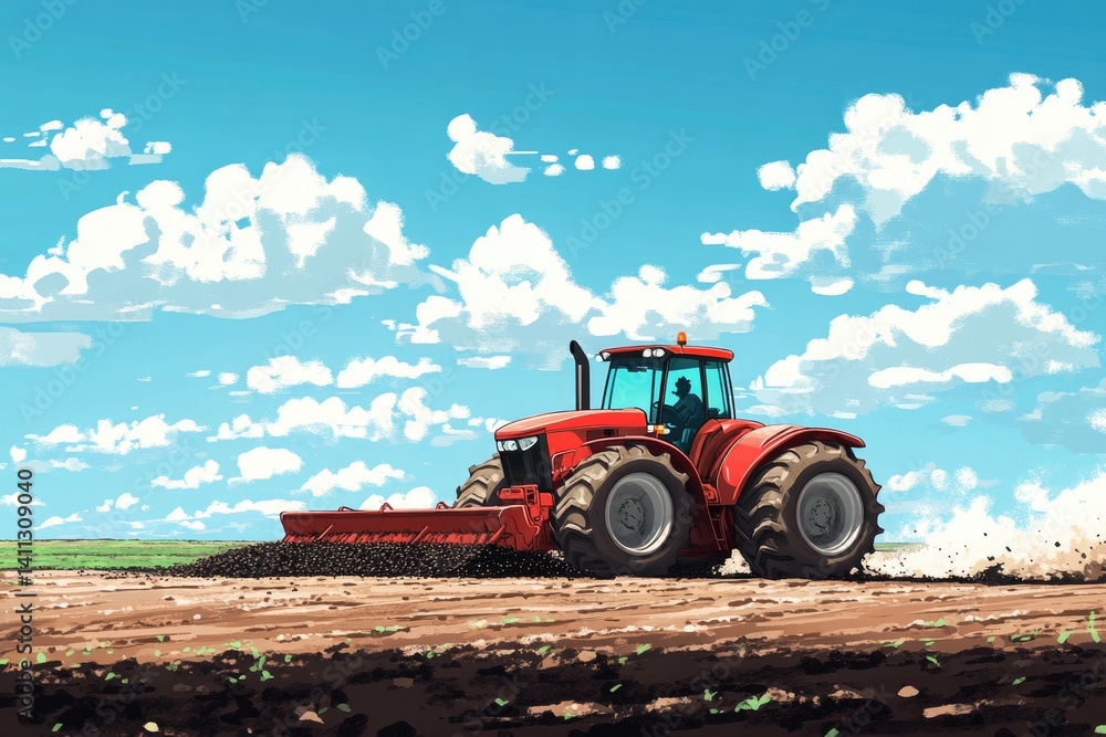 Fototapeta premium Farm tractor working a field under a bright blue sky