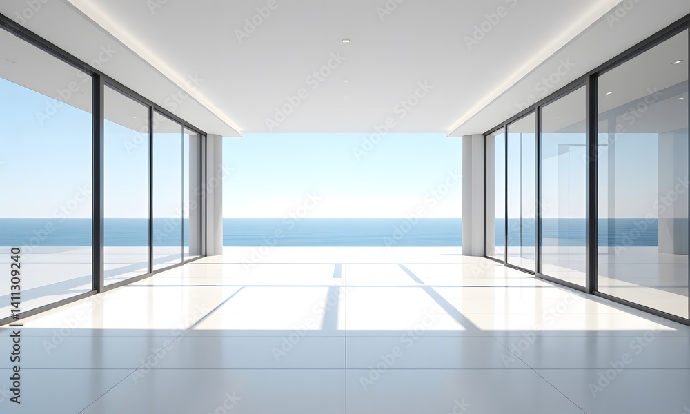 Fototapeta premium A room with large glass windows and blue skies.