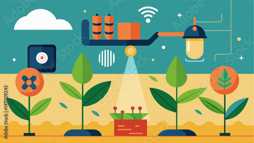 Infrared cameras and AI technology are used to identify stressed plants allowing for targeted irrigation and fertilizer application.. Vector illustration
