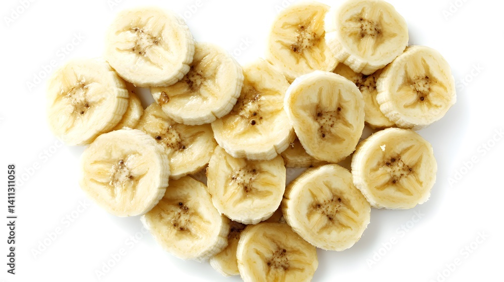 Heart-shaped arrangement of sliced bananas on a white background. Perfect for healthy eating, diet, or tropical themes. Close-up shot highlighting the creamy yellow fruit. Heart-shaped arrangement of sliced bananas on a white background. Perfect for healthy eating, diet, or tropical themes. Close-up shot highlighting the creamy yellow fruit.