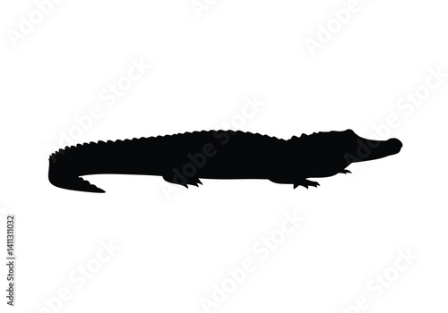 Alligator silhouette. A bold depiction of the powerful reptilian predator showcasing its sharp teeth and textured scales crocodile reptile predator. Vector clipart black illustration design.