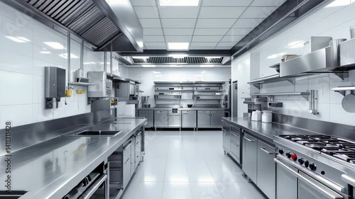 Wide-angle view of clean stainless steel commercial kitchen with bright lighting and empty surfaces. Concept of food preparation and culinary professionalism
