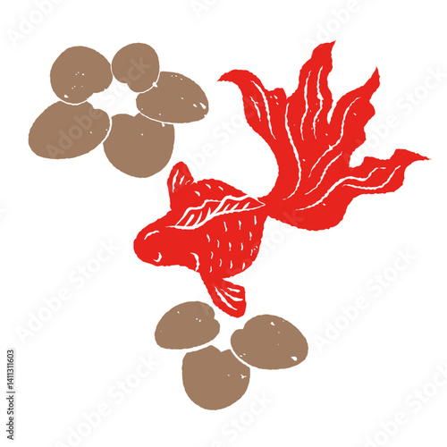 シンプルな金魚と水草のシルエット　版画スタイル　和風