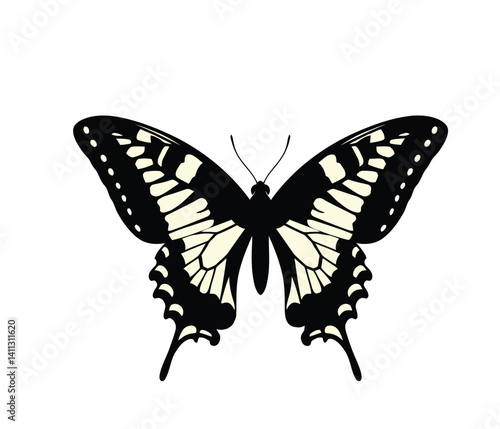 Swallowtail butterfly silhouette. Image depicts a swallowtail butterfly with extended wings in elegant symmetry, referred to as a decorative insect motif. Vector clipart black illustration design.