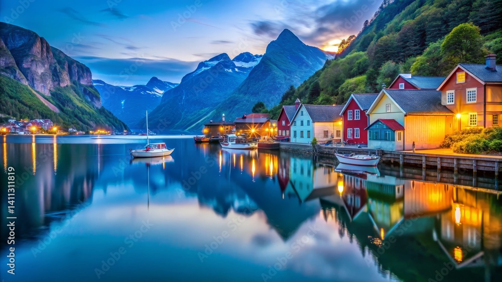 Fototapeta premium Picturesque Village on Fjord at Dusk