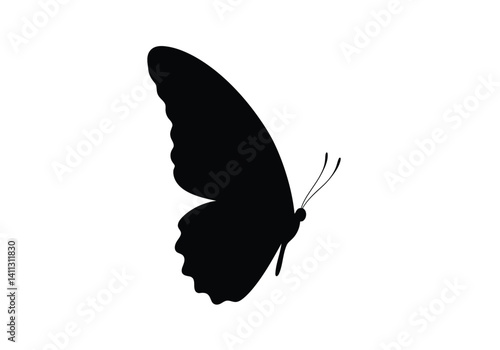 Half butterfly silhouette. This image shows a black silhouette of half a butterfly with detailed wings and antennae, also referred to as a butterfly outline. Vector clipart black illustration design.