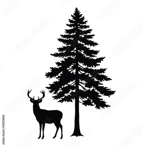 Deer and pine tree silhouette. A majestic deer with towering antlers stands beside a tall pine tree, symbolizing wilderness, tranquility, and forest life. Vector clipart black illustration design.
