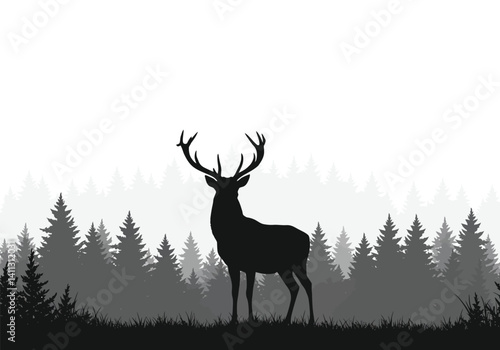 Deer forest silhouette. Majestic deer standing among trees in a peaceful woodland setting, also stag in the wild, nature and tranquility. Vector clipart black illustration design.