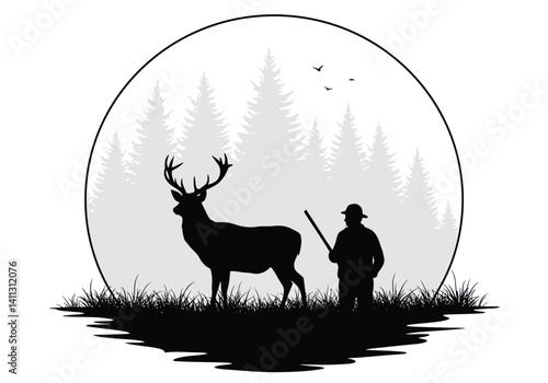 Deer hunter silhouette. A hunter stands with a rifle near a majestic deer in a forest setting, also known as hunting scene, nature and adventure. Vector clipart black illustration design.