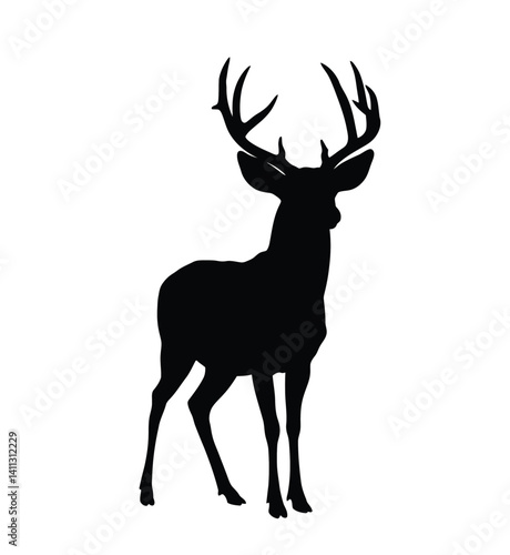 Mule deer silhouette. A striking depiction of a mule deer with large, branching antlers, also known as stag silhouette, symbolizing wildlife and strength. Vector clipart black illustration design.