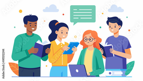 A team of students eagerly scrolling through feedback and suggestions from beta testers eagerly making notes for the next round of software improvements.. Vector illustration