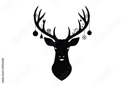 Christmas deer head silhouette. Image shows a black silhouette of a deer's head with antlers decorated with Christmas ornaments, festive reindeer graphic. Vector clipart black illustration design.