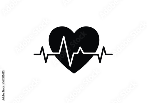 Heart beat silhouette. A black heart with an electrocardiogram line running through it symbolizing life, health, and vitality. Vector clipart black illustration design.