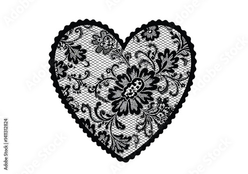 Lace heart silhouette. This image shows a heart-shaped lace design with intricate floral patterns, representing romance and elegance. Vector clipart black illustration design.