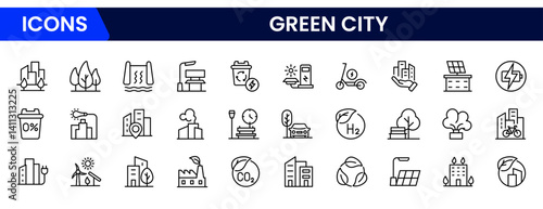 green city, renewable energy, zero waste, eco, fresh air, pure water, electric vehicles, recycling, environment, bike, landscape, Vector illustration.
