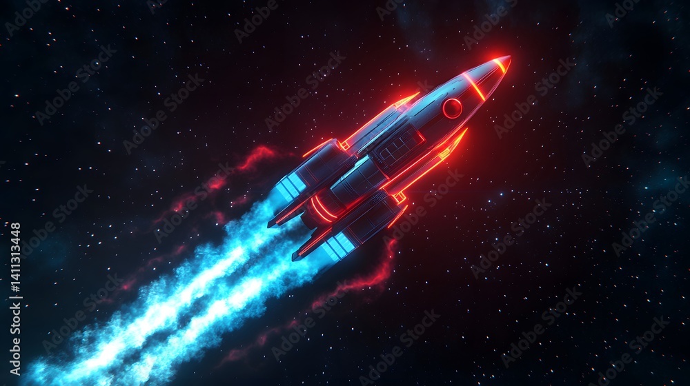 Fototapeta premium Vibrant Neon Rocket with Blue and Red in Futuristic Illustration