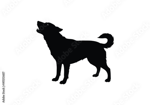 Dog barking silhouette. This image portrays a dog in an alert barking pose, also referred to as a howling dog or vocal canine. Vector clipart black illustration design.