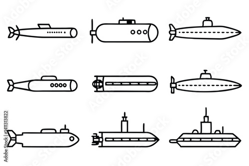 submarine line art hand drawn sea exploration concept.