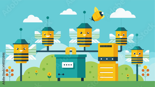 Smart beehives are also equipped with automatic harvesters making the extraction of honey faster and more efficient for beekeepers.. Vector illustration