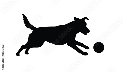 Dog playing silhouette. This image features a playful dog with dynamic motion, also referred to as an active canine or energetic pet. Vector clipart black illustration design.