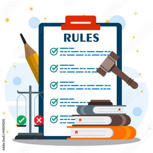 Approved rules and standard document verification. Regulation policy, legal regulatory guide and advices. Policy document with book, pencil, legal scales and gavel. 
