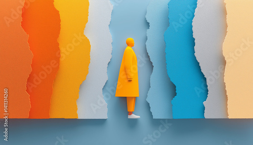 Minimalist 3D Render of Person in Orange Coat Between Torn Color Papers