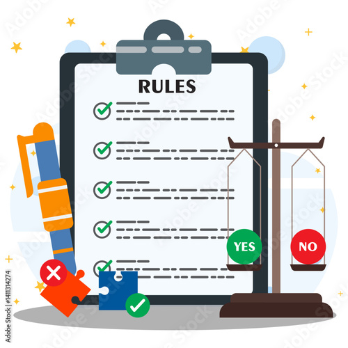 Approved rules and standard document verification. Regulation policy, legal regulatory guide and advices. Policy document with pen, legal scales and puzzle. 