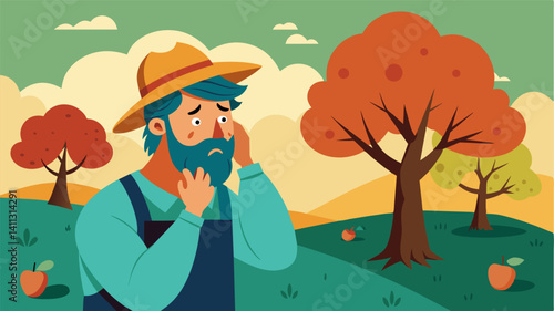 The farmer wipes a tear from his cheek as he takes in the sight of his once thriving orchard now decimated by a devastating storm.. Vector illustration