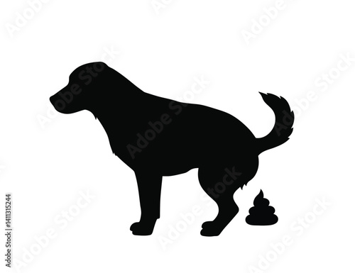 Silhouette of dog pooping. A dog is captured mid-squat releasing poop in a humorous and natural pose also known as pet defecating or dog waste icon. Vector clipart black illustration design.