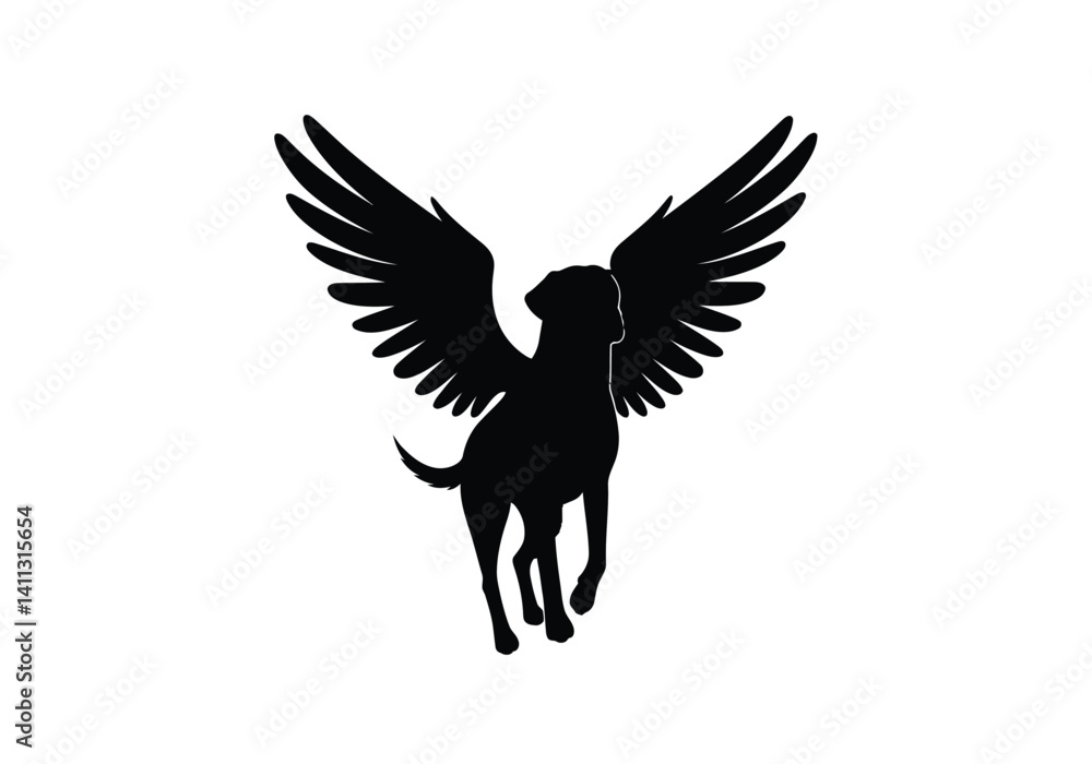 Fototapeta premium Angel dog silhouette. This image shows a majestic dog with large, detailed wings, often symbolizing loyalty and divinity, also called winged dog. Vector clipart black illustration design.