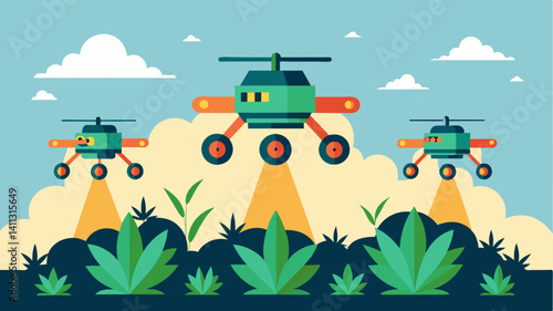 Autonomous tillers equipped with infrared cameras detect weed growth and precisely target them for removal minimizing the need for herbicides and promoting sustainable farming. Vector illustration