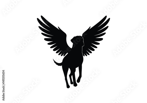 Angel dog silhouette. This image shows a majestic dog with large, detailed wings, often symbolizing loyalty and divinity, also called winged dog. Vector clipart black illustration design.