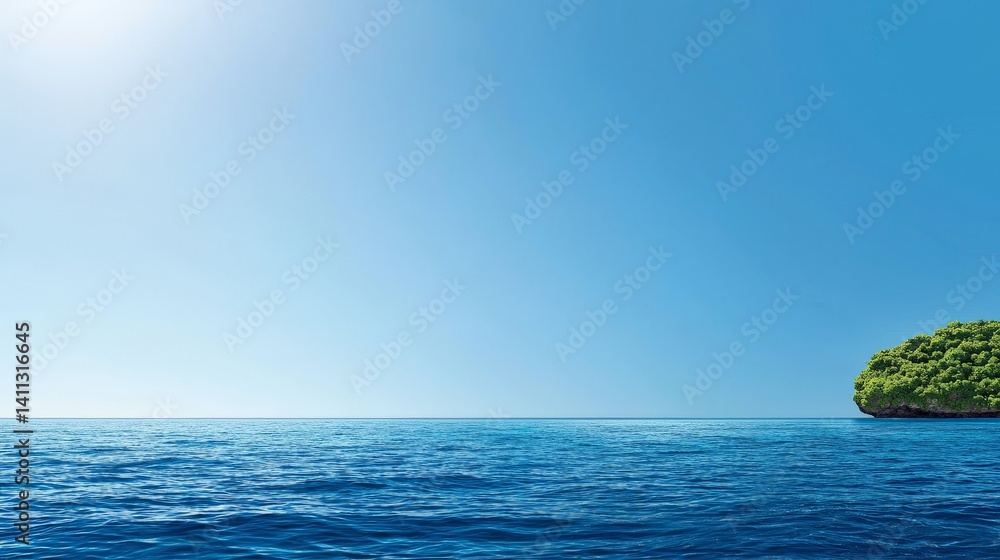 Marine Restoration and Ocean Conservation for a Sustainable Future, Serene seascape with clear blue water and a lush green island under a bright sky.