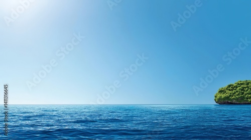 Obraz na płótnie Marine Restoration and Ocean Conservation for a Sustainable Future, Serene seascape with clear blue water and a lush green island under a bright sky. w salonie