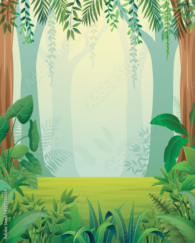 Lush jungle scene full of green plants and trees with sunlight