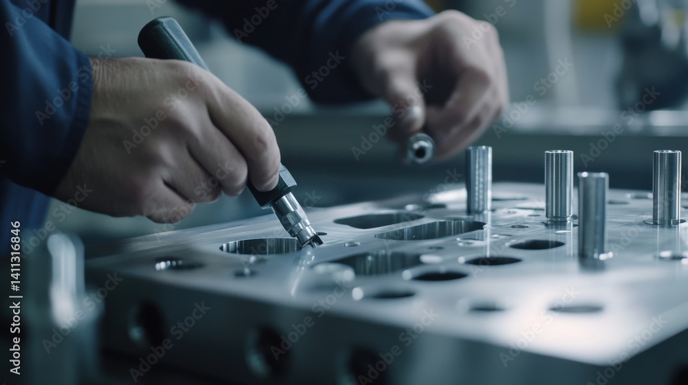 Metal factory worker assembling intricate steel components. Featuring precision and craftsmanship Metal factory worker assembling intricate steel components. Featuring precision and craftsmanship
