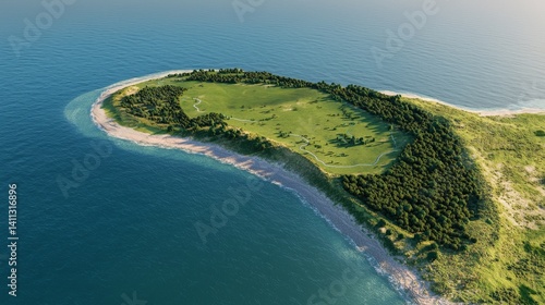 Obraz na płótnie Marine Restoration and Ocean Conservation for a Sustainable Future, Aerial view of a serene island surrounded by clear water and lush greenery. w salonie