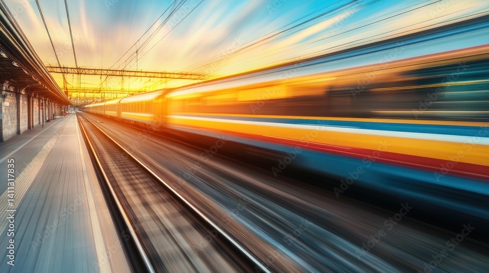 Obraz premium High-speed train streaks across platform at sunset. Motion blur captures the rapid transit