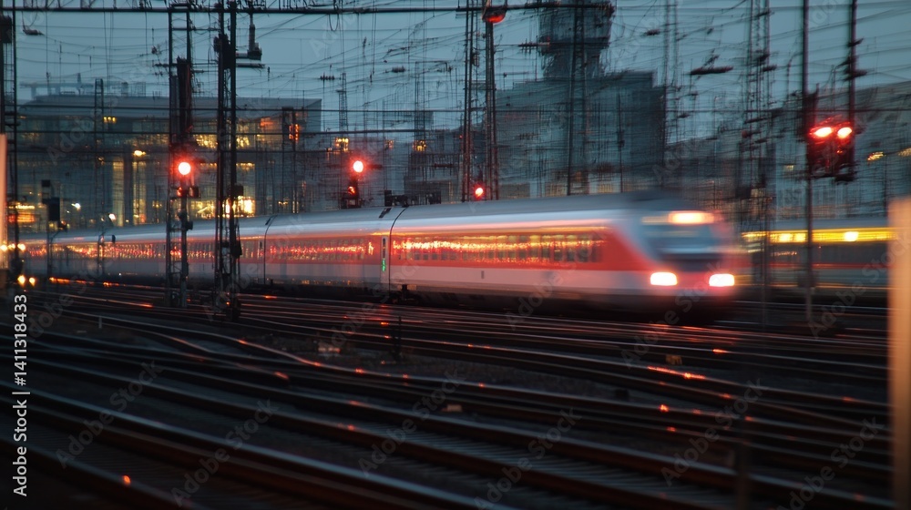 Obraz premium High-speed train moving at night through a station