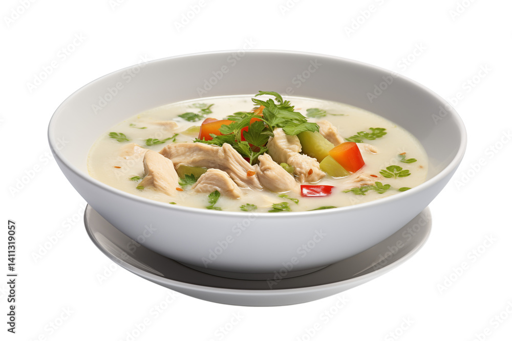 A white bowl filled with chicken soup garnished with cilantro and colorful vegetables on a plate png A white bowl filled with chicken soup garnished with cilantro and colorful vegetables on a plate png
