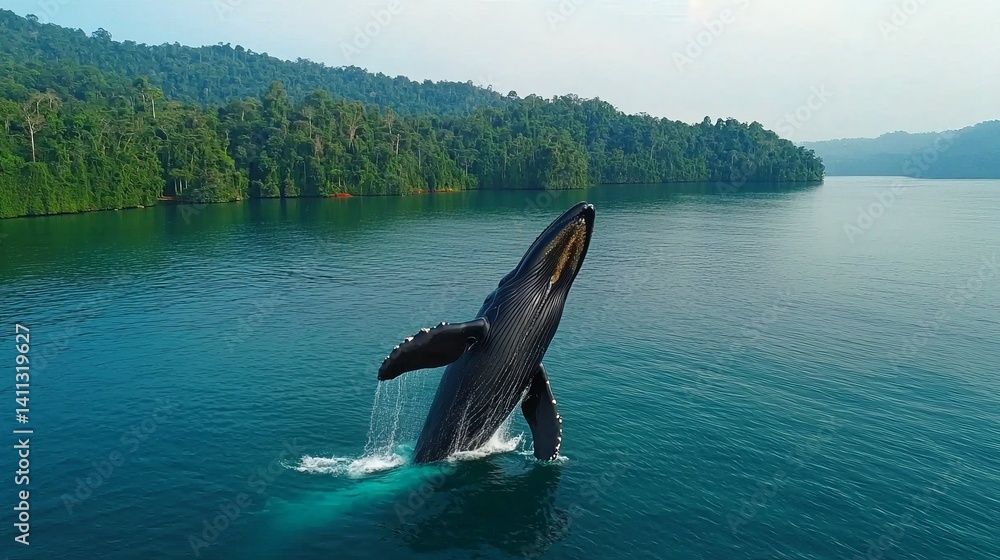 Marine Restoration and Ocean Conservation for a Sustainable Future, A whale breaches the serene waters near lush green trees, showcasing nature's beauty.
