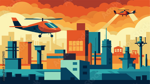 High above the ground the air taxis moved swiftly and silently giving a birds eye view of the sprawling industrial zone below.. Vector illustration