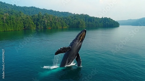 Obraz na płótnie Marine Restoration and Ocean Conservation for a Sustainable Future, A whale breaches the serene waters near lush green trees, showcasing nature's beauty. w salonie
