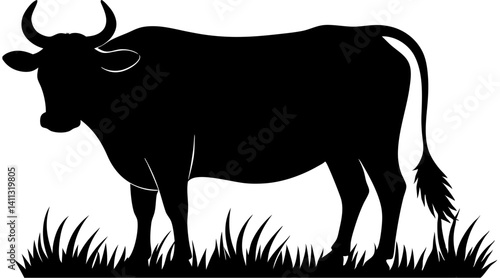  Silhouette of a cow standing on grass, symbolizing rural life, livestock farming, and agriculture, ideal for designs related to farming, animals, and nature.
