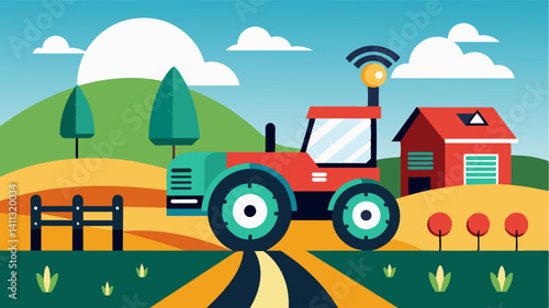 In a futuristic farm setting a selfdriving tractor is shown autonomously plowing the land adjusting its speed and direction based on realtime data to optimize productivity.. Vector illustration