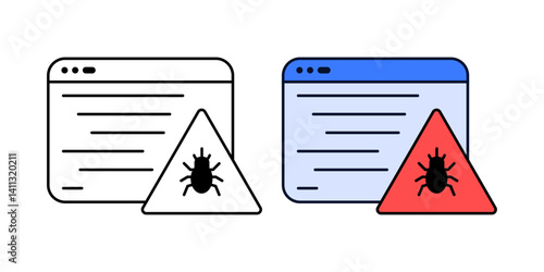 Bug in code icon with warning sign. Represents software error, coding issues, and debugging alerts in outline and color versions for cybersecurity or programming visuals.