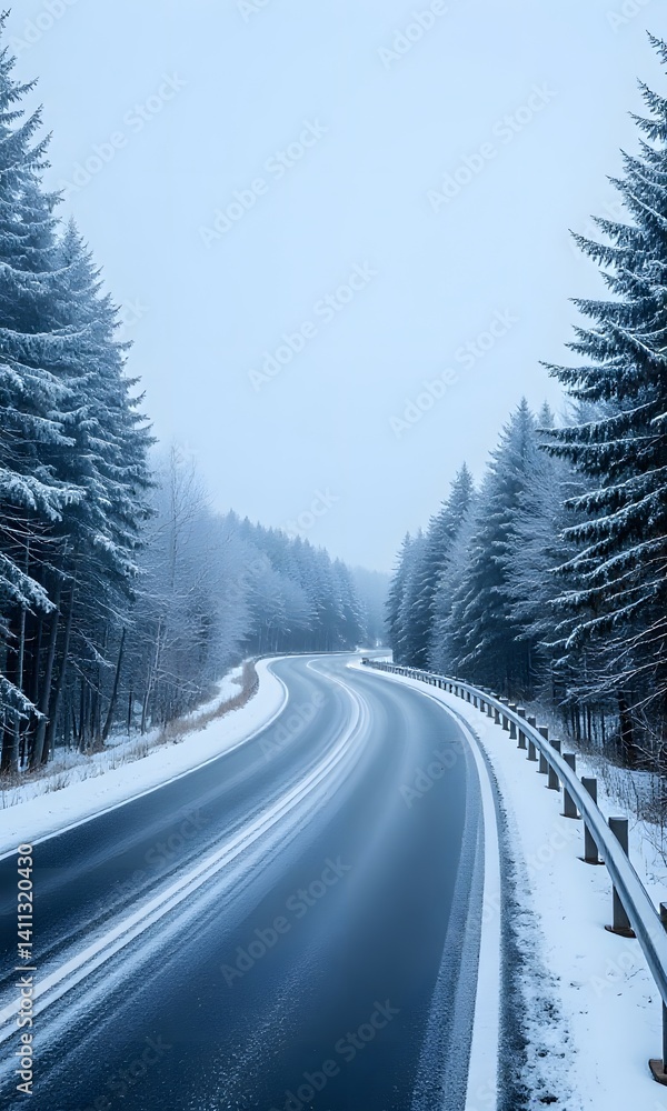 Obraz premium A snowy road in between trees.
