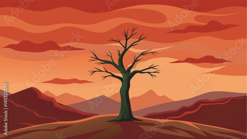 In the midst of a harsh unforgiving terrain the lone tree remains steadfast and unwavering.. Vector illustration