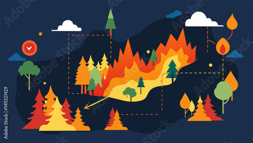 An analysis of historical wildfire data is used to inform the creation of evacuation routes and safe zones reducing the risk of harm to those caught in the path of a rapidly. Vector illustration