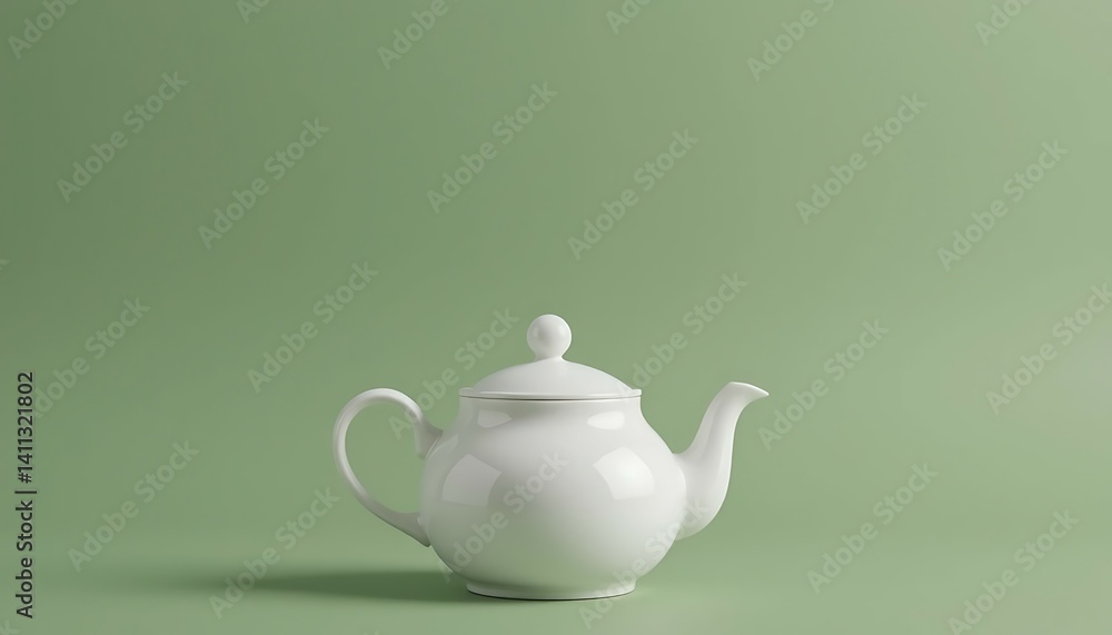 Elegant White Porcelain Teapot on Sage Green Background Elegant White Porcelain Teapot on Sage Green Background